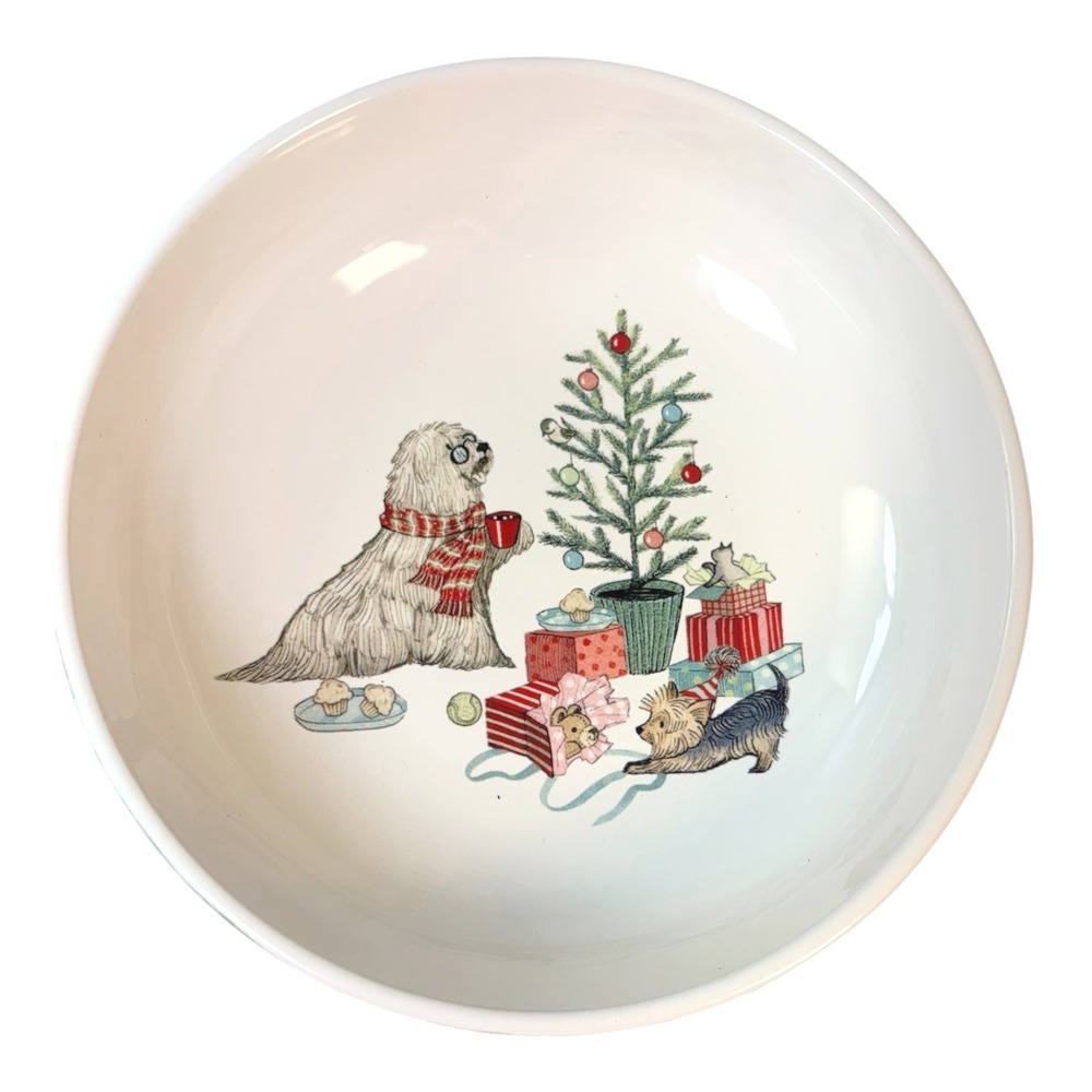 Pier 1 Christmas Morning Pups Bowl‎ 8" White Green Dog Holiday Plaid EUC